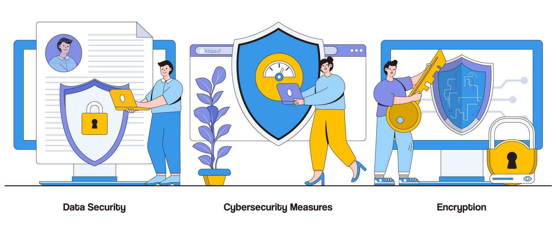 dados segurança, cíber segurança medidas, criptografia conceito com personagem. digital proteção abstrato vetor ilustração definir. seguro comunicação, cyber ameaças metáfora