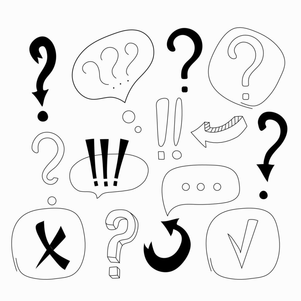 Setas; flechas, doodle. vetor ícones, discurso bolhas, pontuação. exclamação marca e questão marca.