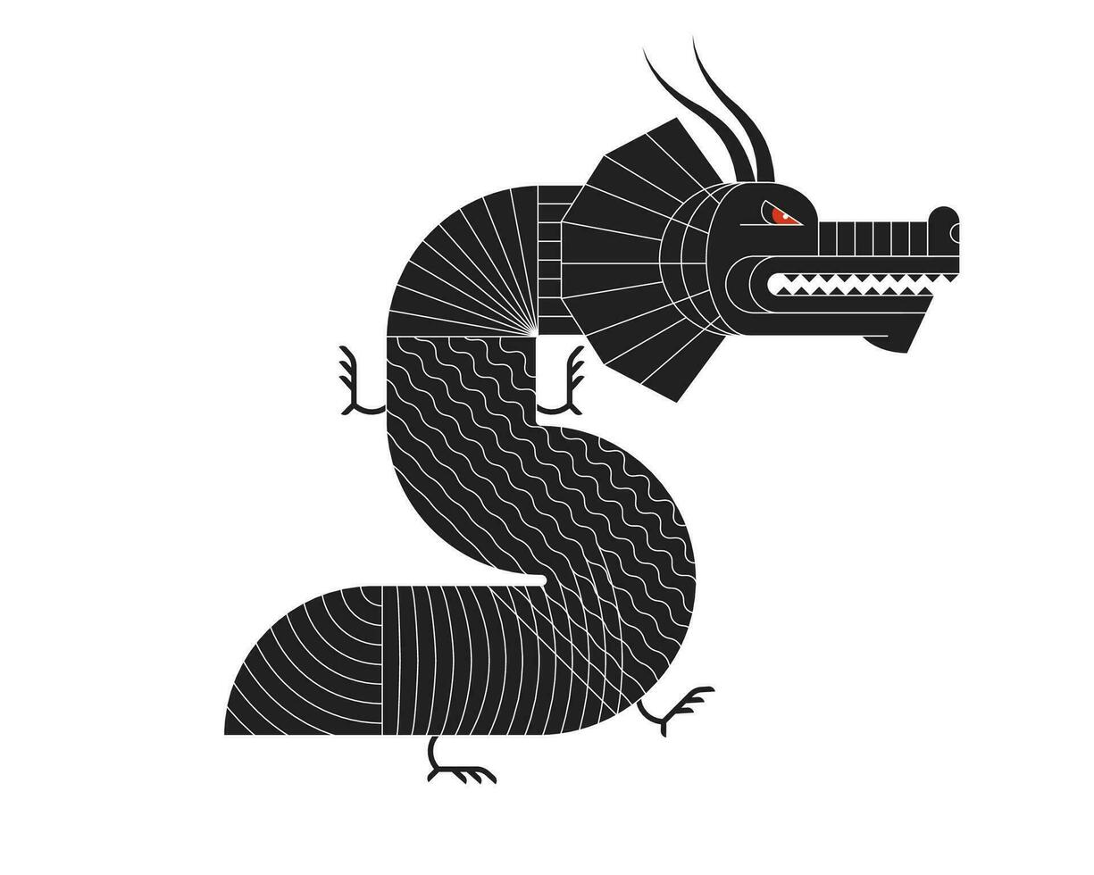 abstrato geométrico chinês Dragão zodíaco Preto símbolo com arte linear padronizar. ásia sagrado moderno forma símbolo Projeto do bondade e poder. bauhaus telha motivo. japonês antigo vetor eps animal