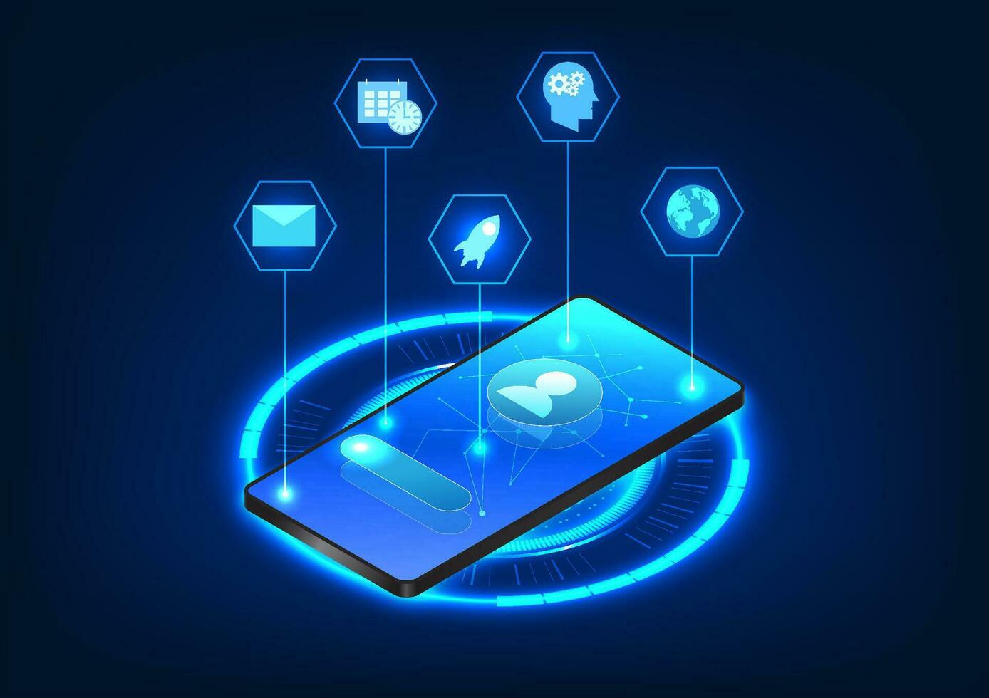 digital tecnologia Móvel telefone descansos em uma Sombrio azul fundo, Está tela adornado com ícones representando inteligente tecnologia, global conectividade, artificial inteligência, e Móvel comunicação vetor