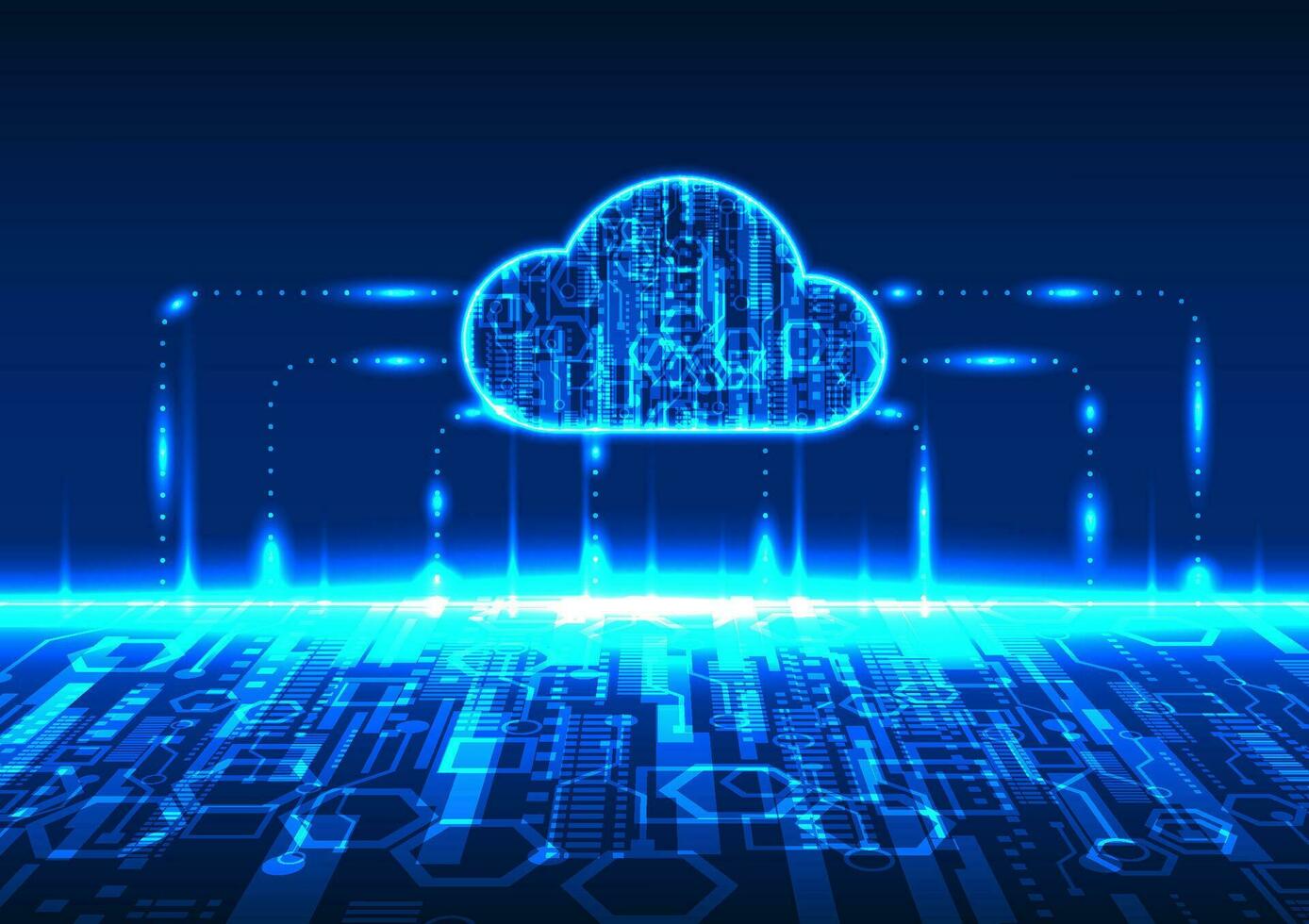 inteligente nuvem tecnologia conecta e transmite em formação através a Internet rede para armazenando importante dados e tendo segurança sistemas. Sombrio azul tecnologia fundo vetor