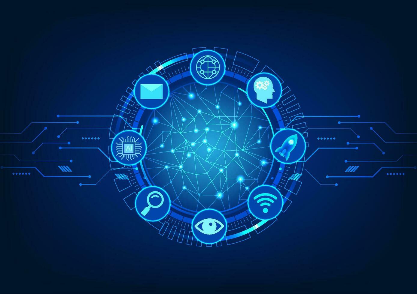 rede tecnologia processador ao longo com tecnologia círculos com tecnologia ícones reúne em formação a partir de Internet redes a partir de por aí a mundo para processo e passar a dados para estar exibido vetor