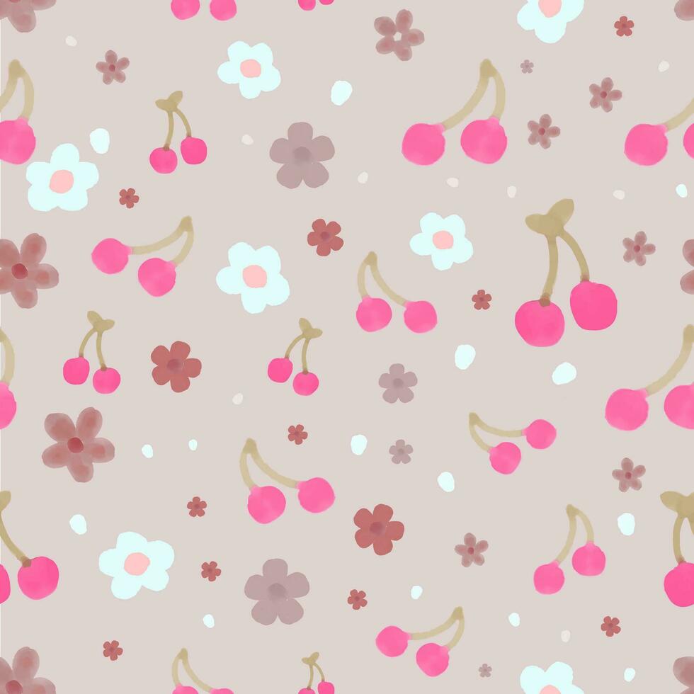 desatado Rosa aguarela flores e cerejas em Rosa pastel fundo com branco floral elementos. fofa recorrente floral e cereja padronizar. editável vetor ilustração. eps 10.