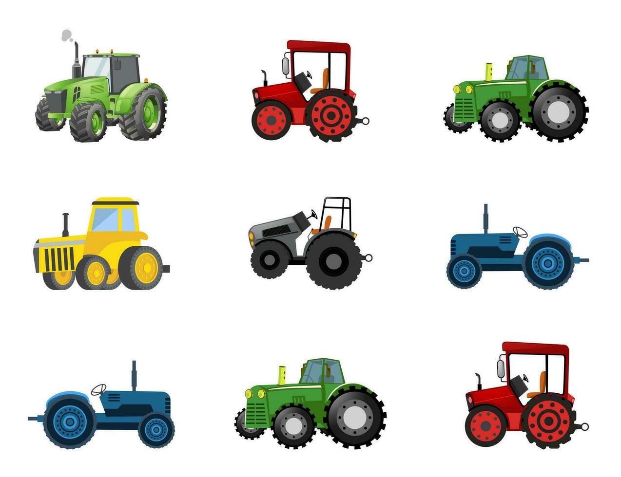 Conjunto de desenhos com trator agrícola de diferentes pontos de vista