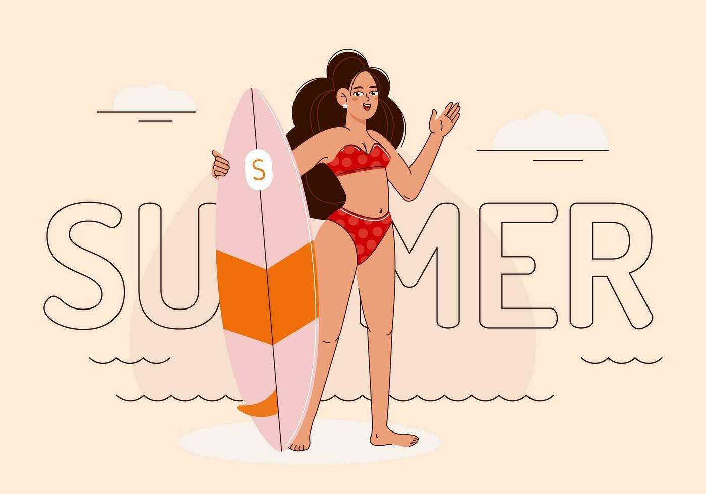 uma surfista menina com uma minimalista vetor ilustração. uma jovem mulher com uma comprimento total prancha de surfe carrinhos em a areia e ondas dela mão