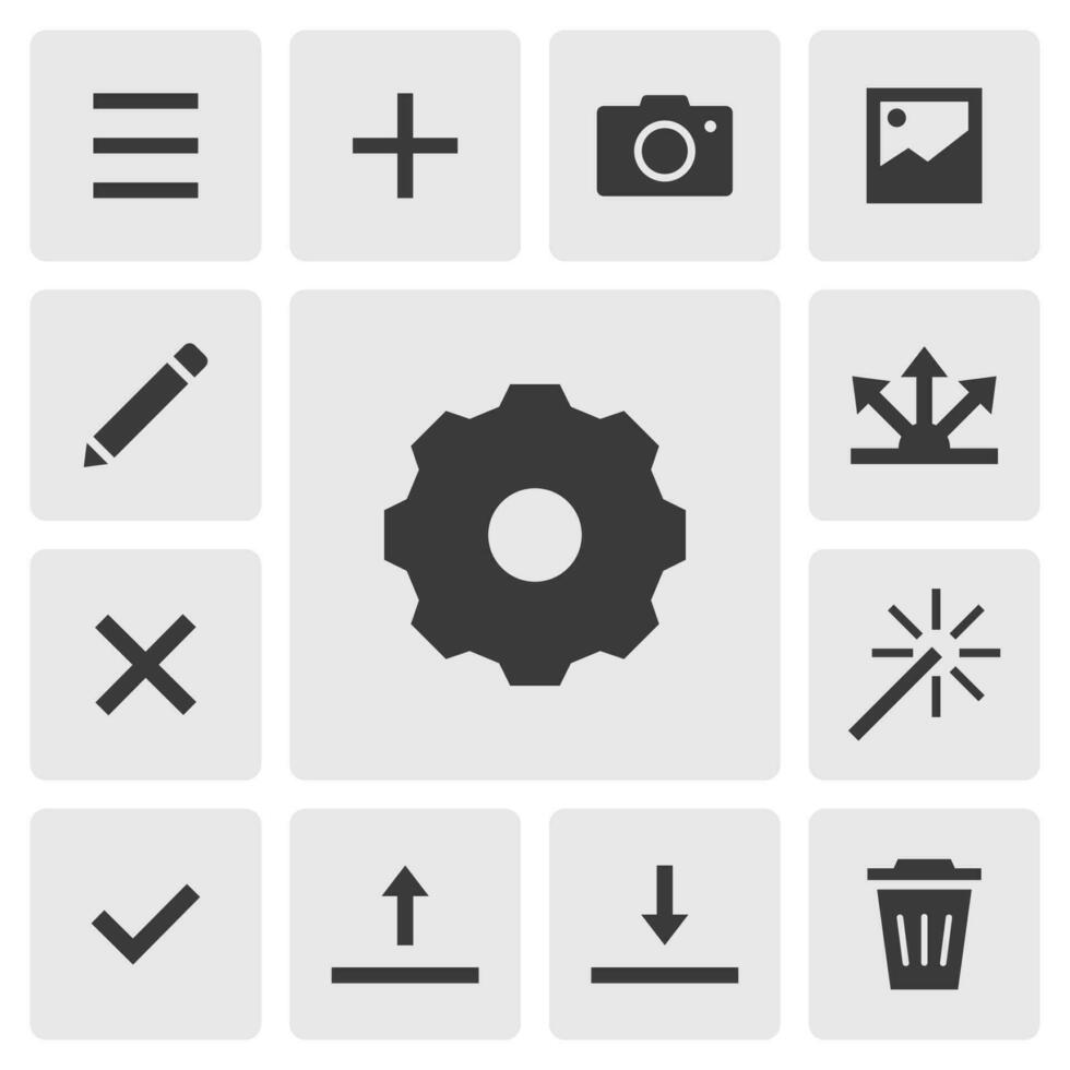 configuração ícone vetor Projeto. simples conjunto do Smartphone aplicativo ícones silhueta, sólido Preto ícone. telefone inscrição ícones conceito. configuração engrenagem, cardápio, adicionar, Câmera, compartilhar, carregar, download, excluir botões