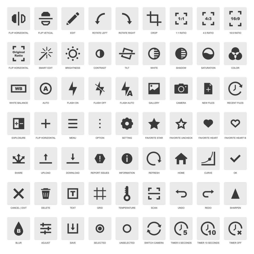 foto editor aplicativo ícone definir. cortar, virar, girar, filtro, brilho, contraste, silhueta placa ícone símbolo pictograma vetor ilustração
