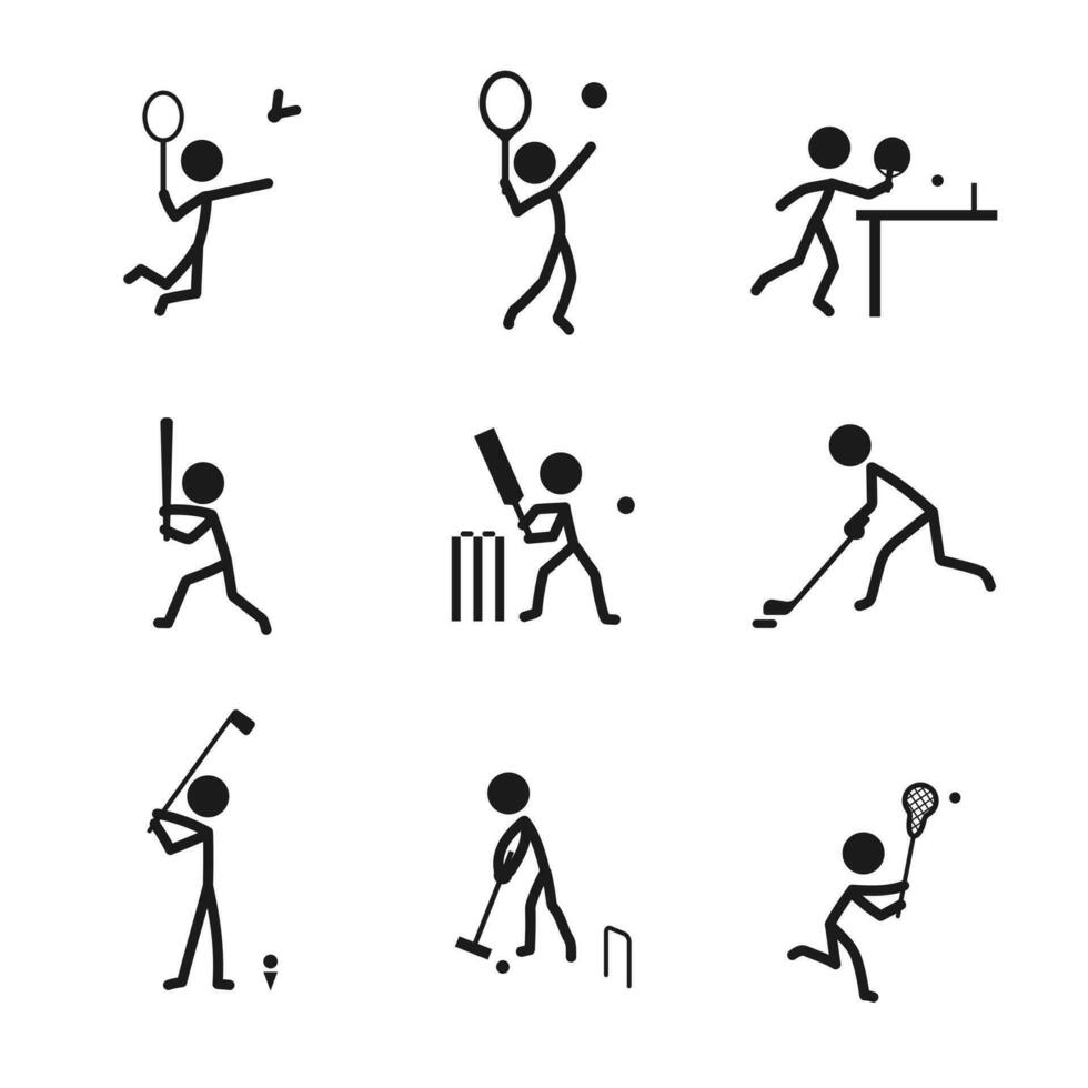 raquete Esportes ícone pictograma vetor definir. bastão figura homens Esportes jogadoras vetor ícone placa símbolo pictograma. badminton, tênis, beisebol, golfe, hóquei, croquet, lacrosse, mesa tênis, Grilo ícones