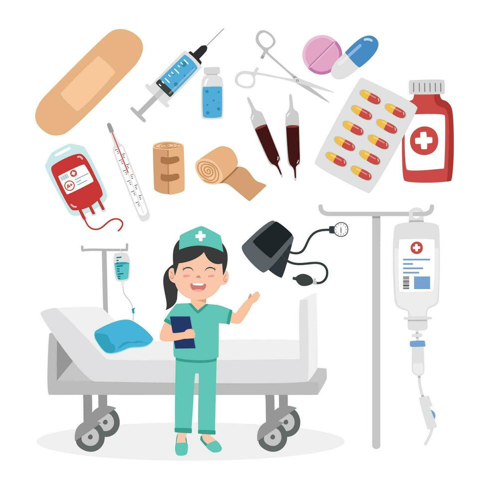 enfermeira e médico instrumentos clipart desenho animado estilo. enfermeira, seringa, remédio pílulas, degola gesso, termômetro plano vetor conjunto ilustração mão desenhado rabisco estilo. hospital e médico conceito