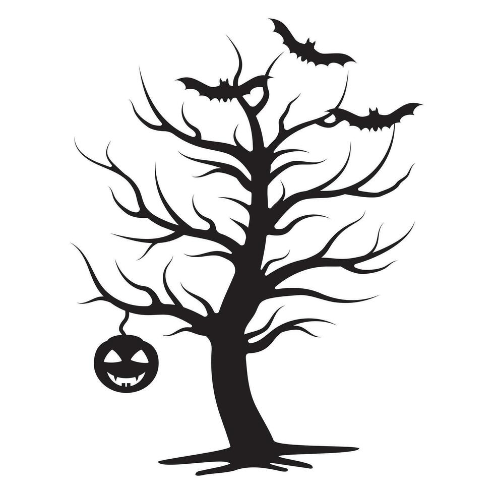 árvore de halloween assustadora com abóbora pendurada, ilustração vetorial isolada no fundo branco vetor