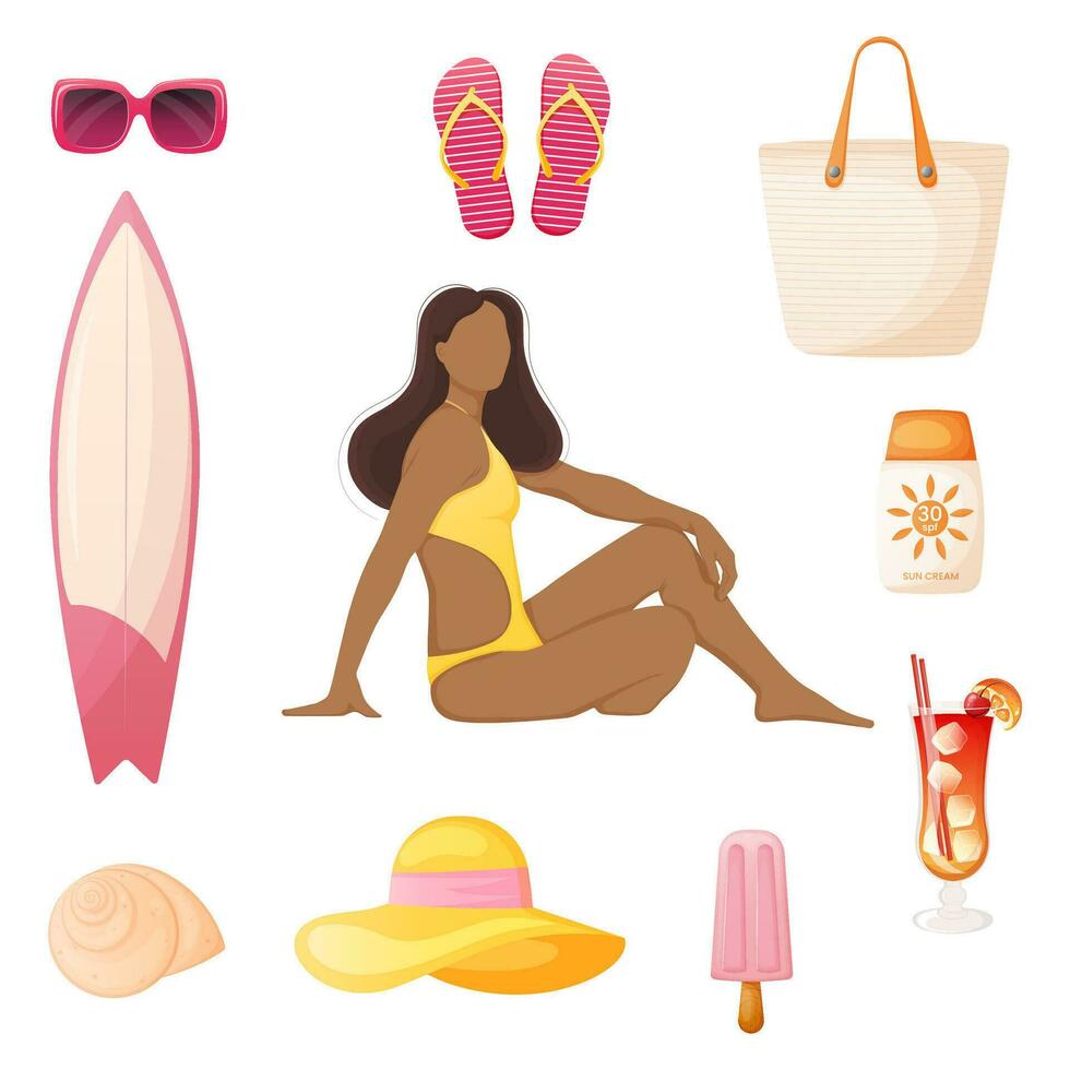 mulher dentro uma roupa de banho com verão de praia acessórios conjunto vetor