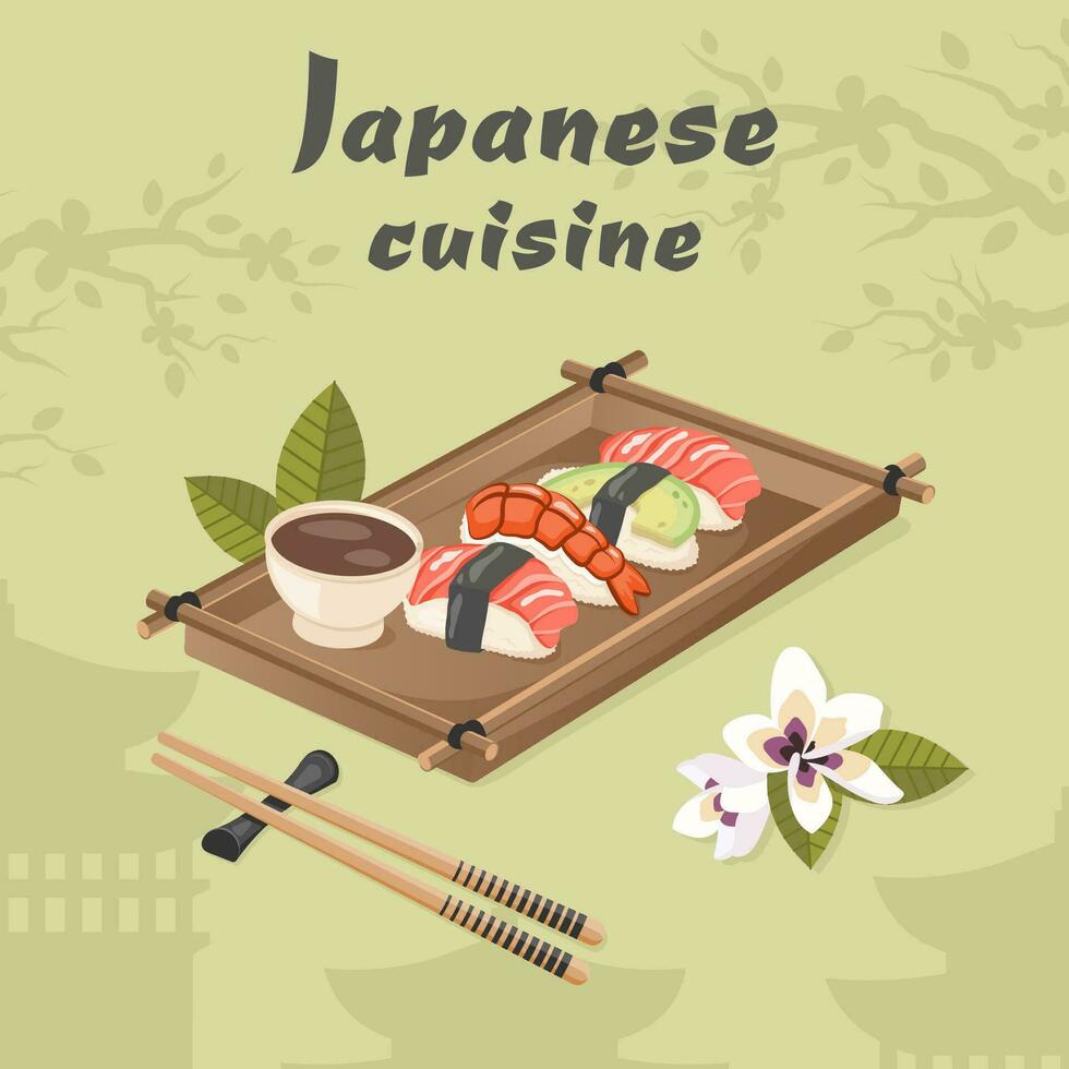 japonês cozinha. tradicional oriental prato fechar-se com nigiri Sushi rolar, sashimi cru peixe, frutos do mar, camarão, abacate, sakura flores, pauzinhos, molho. vetor ilustração para cozinhando conceito
