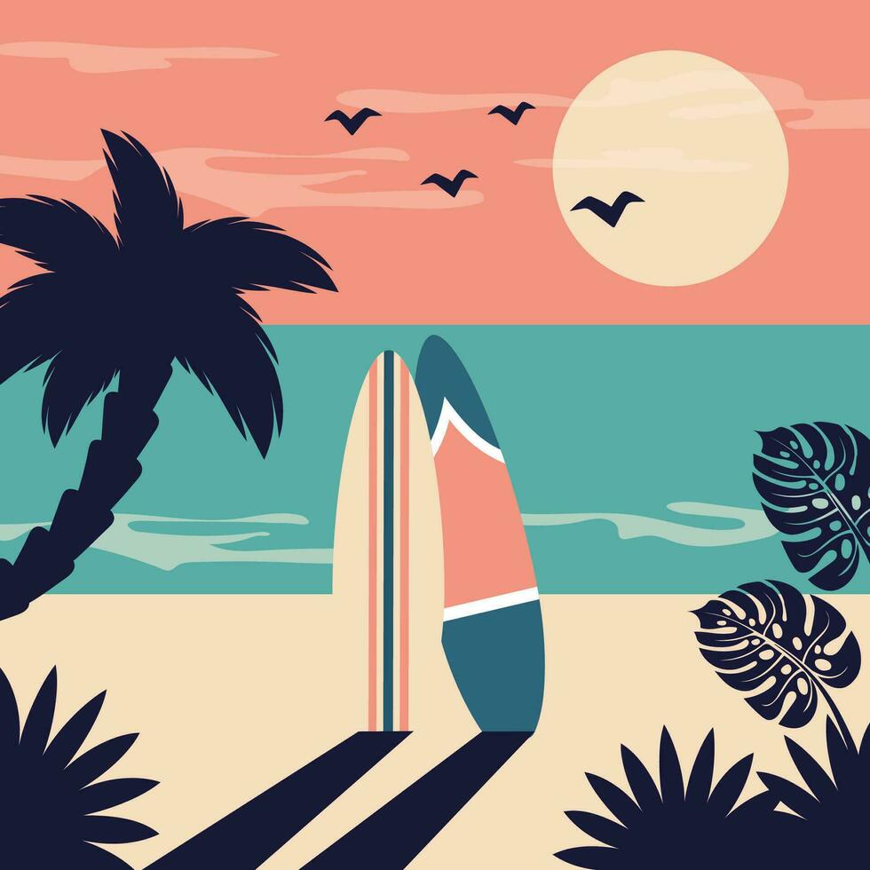 pranchas de surf dentro areia. tropical panorama vintage. verão de praia fundo. marinha com silhueta do Palma, exótico folhas, surf. vetor ilustração para viagem, período de férias feriados, recorrer, poster