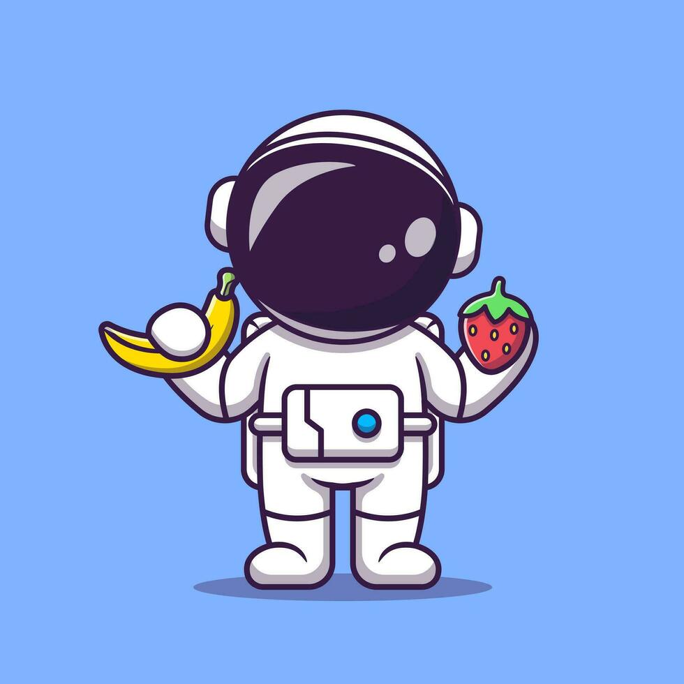 fofa astronauta segurando banana e morango desenho animado vetor ícone ilustração. Ciência Comida ícone conceito isolado Prêmio vetor. plano desenho animado estilo