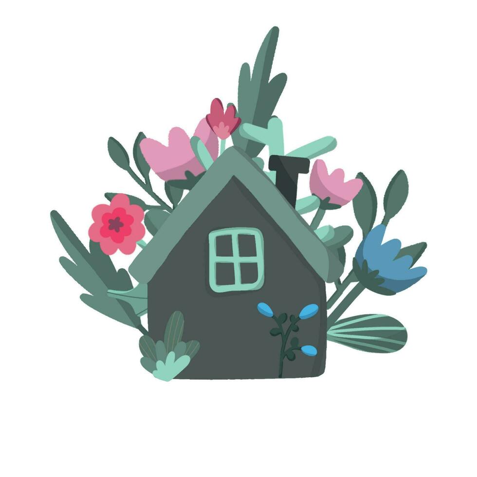 lindo pequeno casa decorado com wilde flores rabisco estilo Projeto elemento vetor