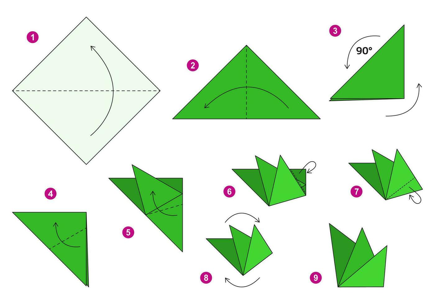 Relva origami esquema tutorial comovente modelo. origami para crianças. degrau de degrau quão para faço uma fofa origami plantar. vetor ilustração.