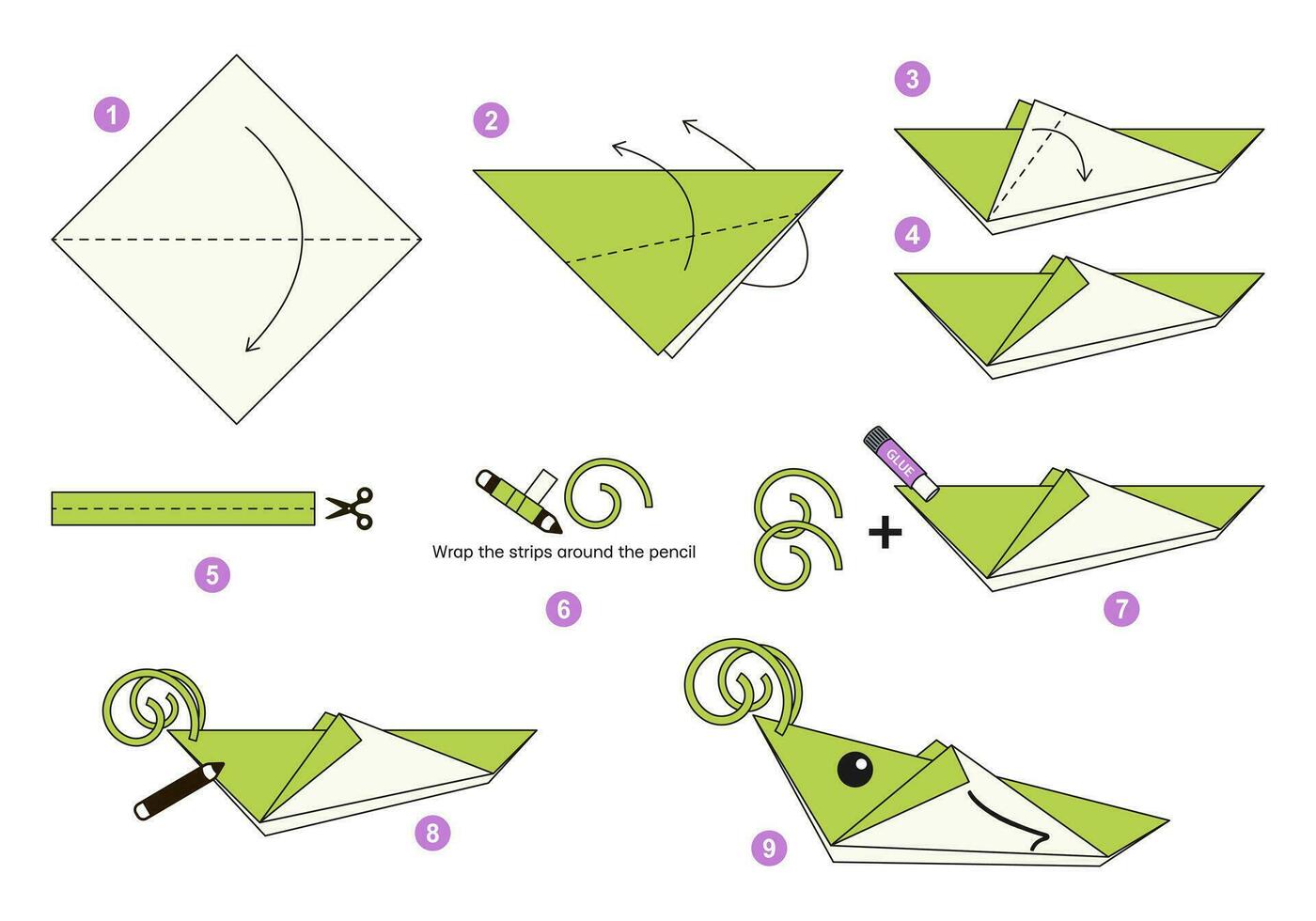 gafanhoto origami esquema tutorial comovente modelo. origami para crianças. degrau de degrau quão para faço uma fofa origami inseto. vetor ilustração.