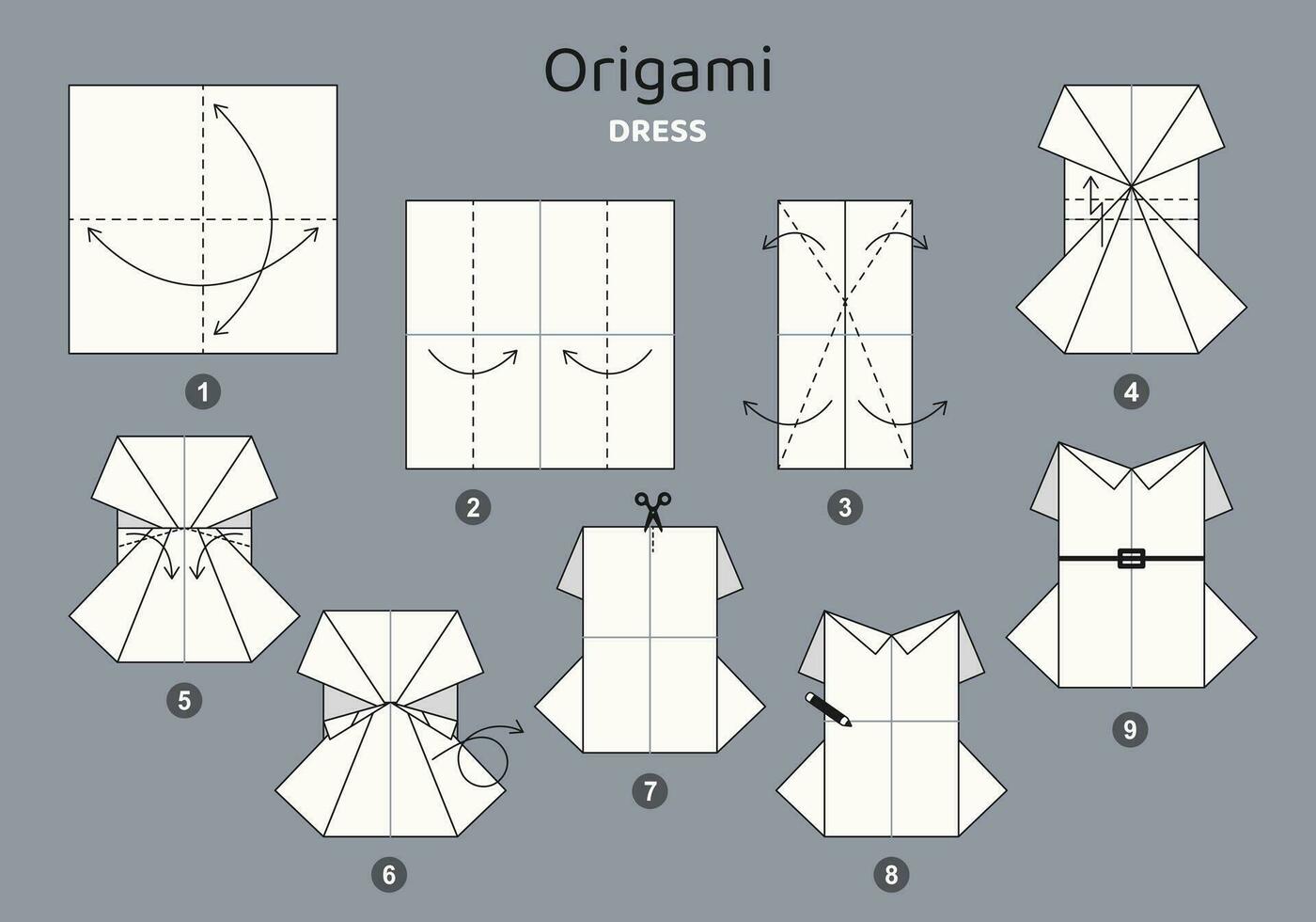 vestir origami esquema tutorial comovente modelo em cinzento pano de fundo. origami para crianças. degrau de degrau quão para faço uma fofa origami pano para mulheres. vetor ilustração.