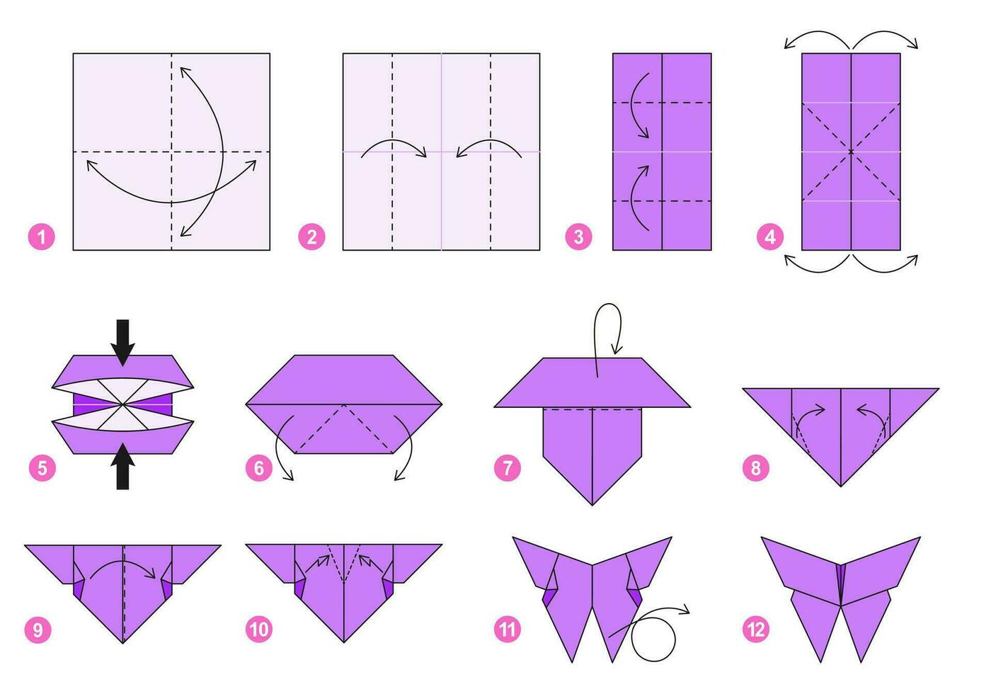 borboleta origami esquema tutorial comovente modelo. origami para crianças. degrau de degrau quão para faço uma fofa origami inseto. vetor ilustração.