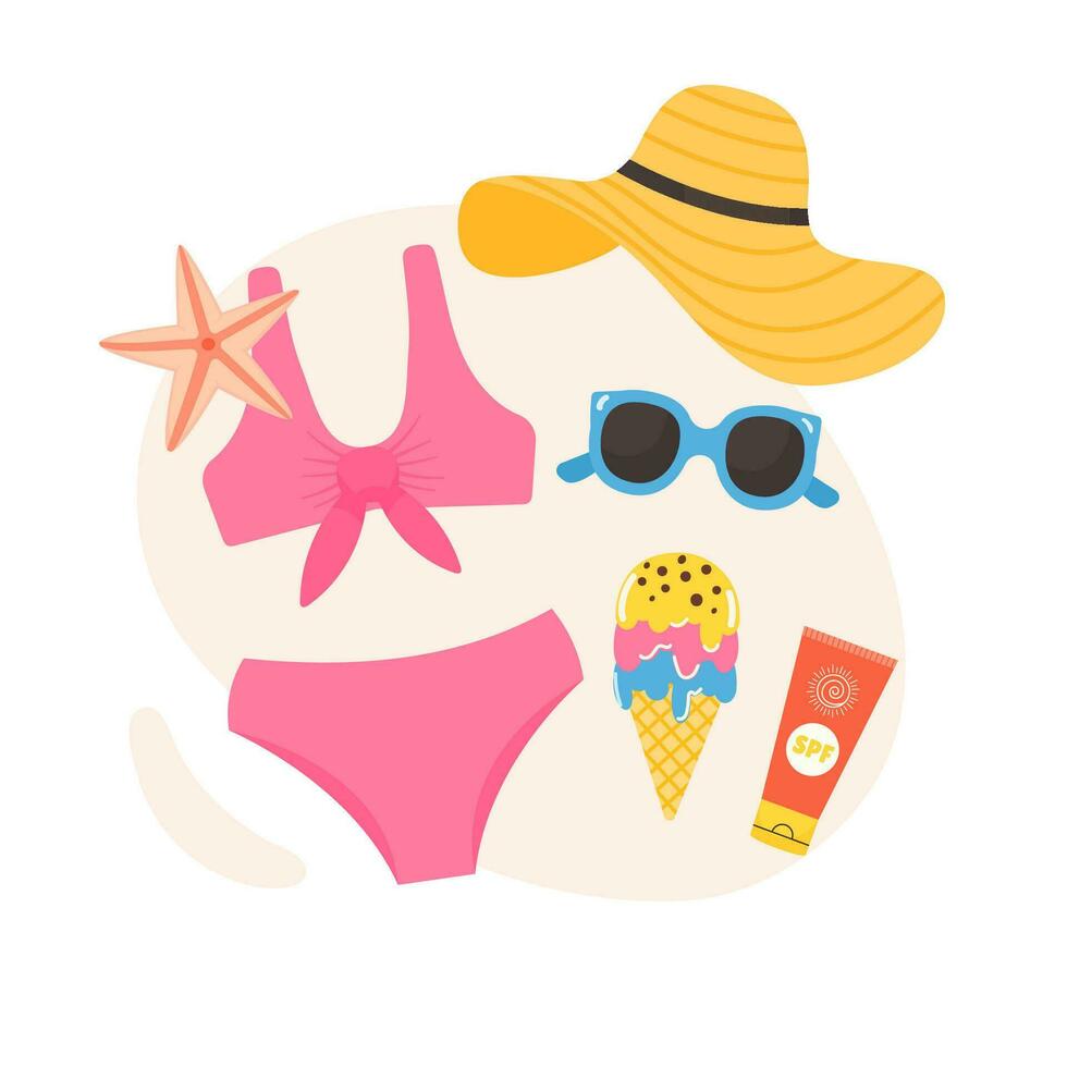 Rosa bikini, chapéu e de praia acessórios para período de férias vetor