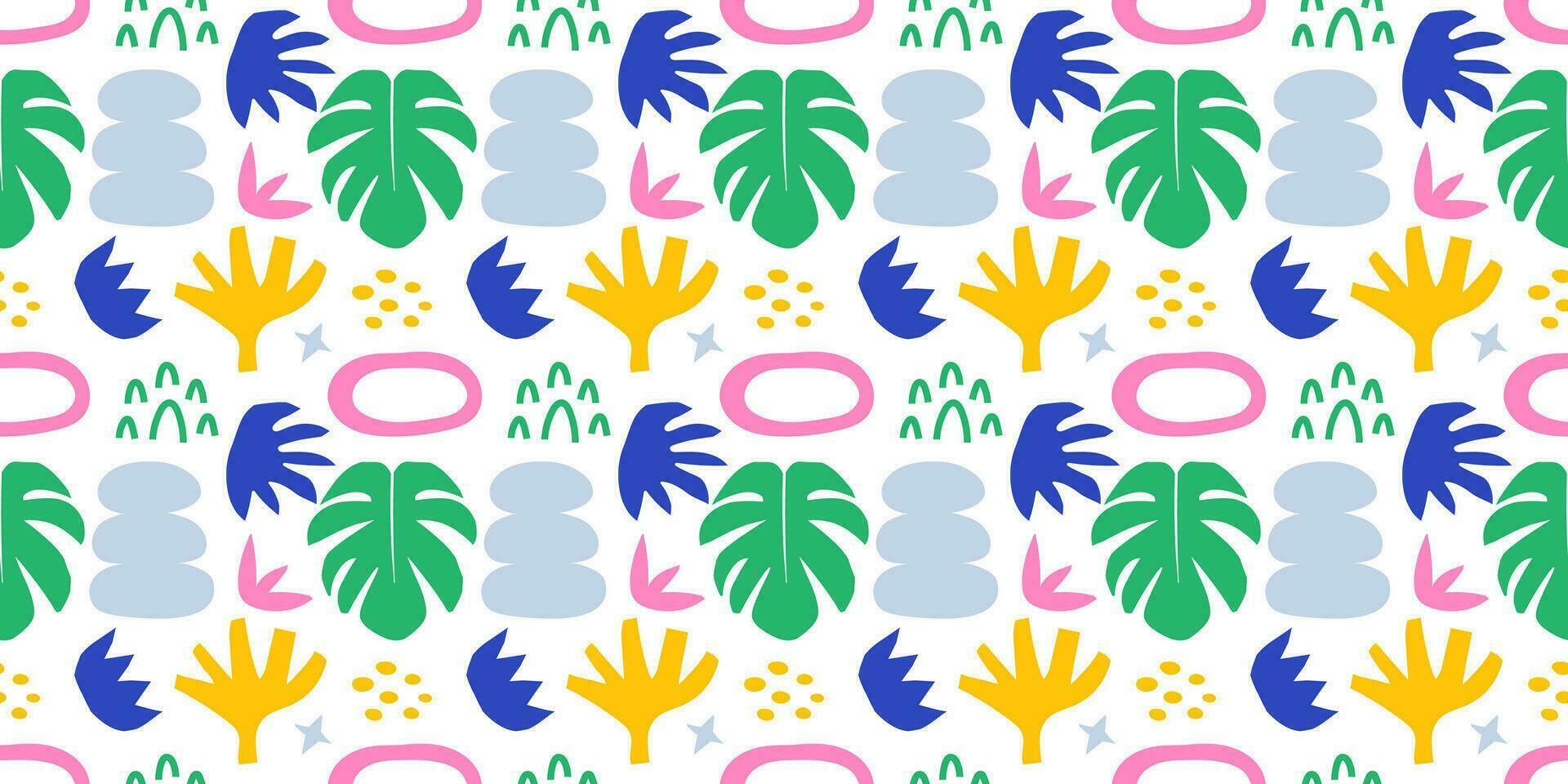 verão abstrato formas tropical folhas, plantas e rabiscos desatado padronizar vetor