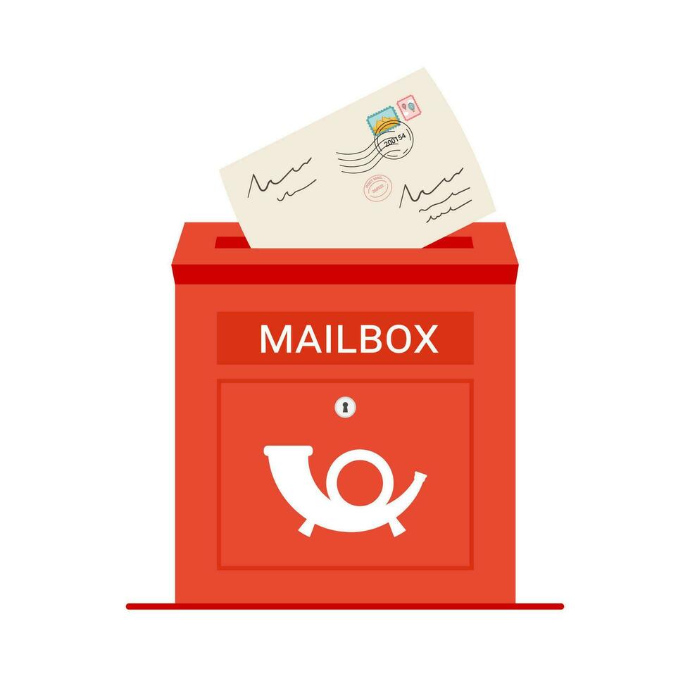 vermelho caixa de correio com uma carta. metal recipiente para armazenando correspondência. plano estilo ilustração isolado em branco fundo vetor