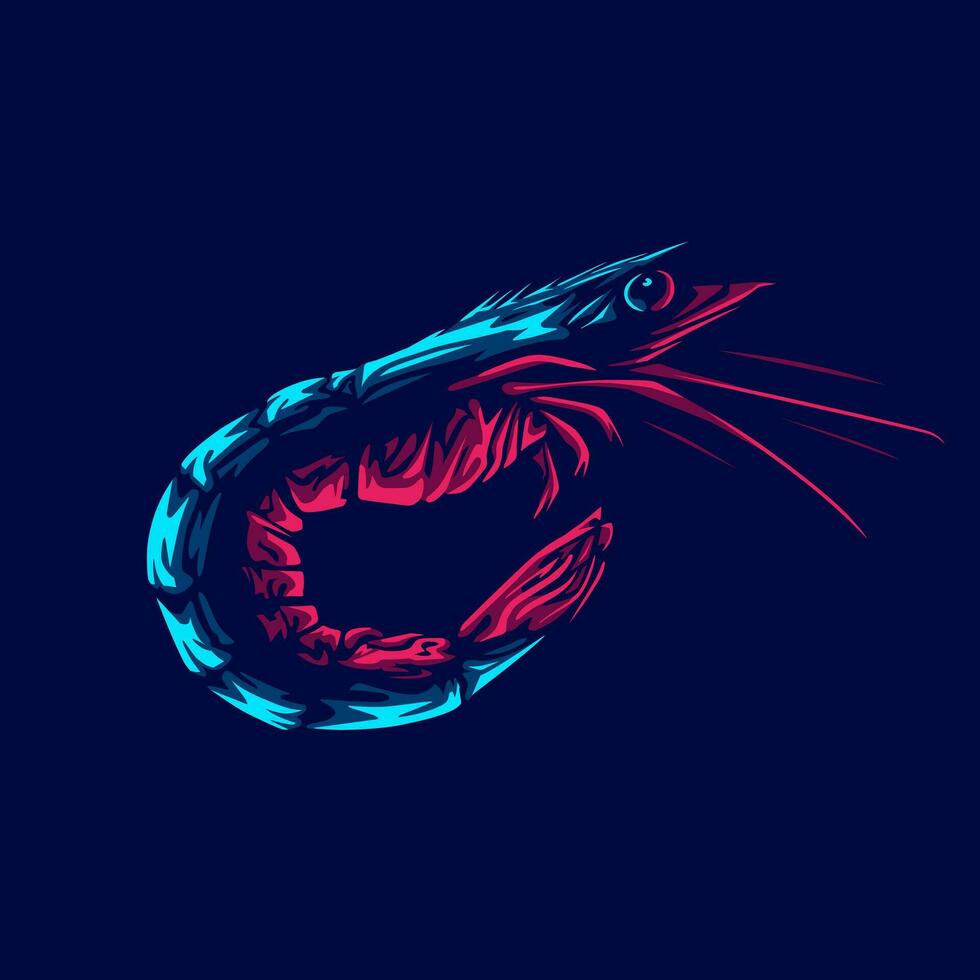 camarão logotipo com colorida néon linha arte Projeto com Sombrio fundo. abstrato mão desenhado esboço vetor ilustração.