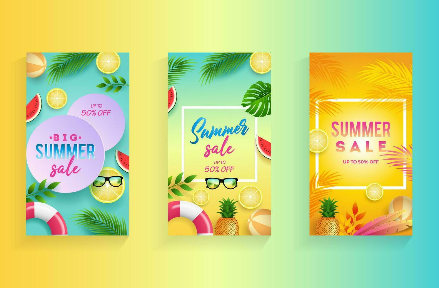 verão venda vetor poster conjunto e verão elementos dentro colorida fundos para loja marketing promoção. vetor ilustração.