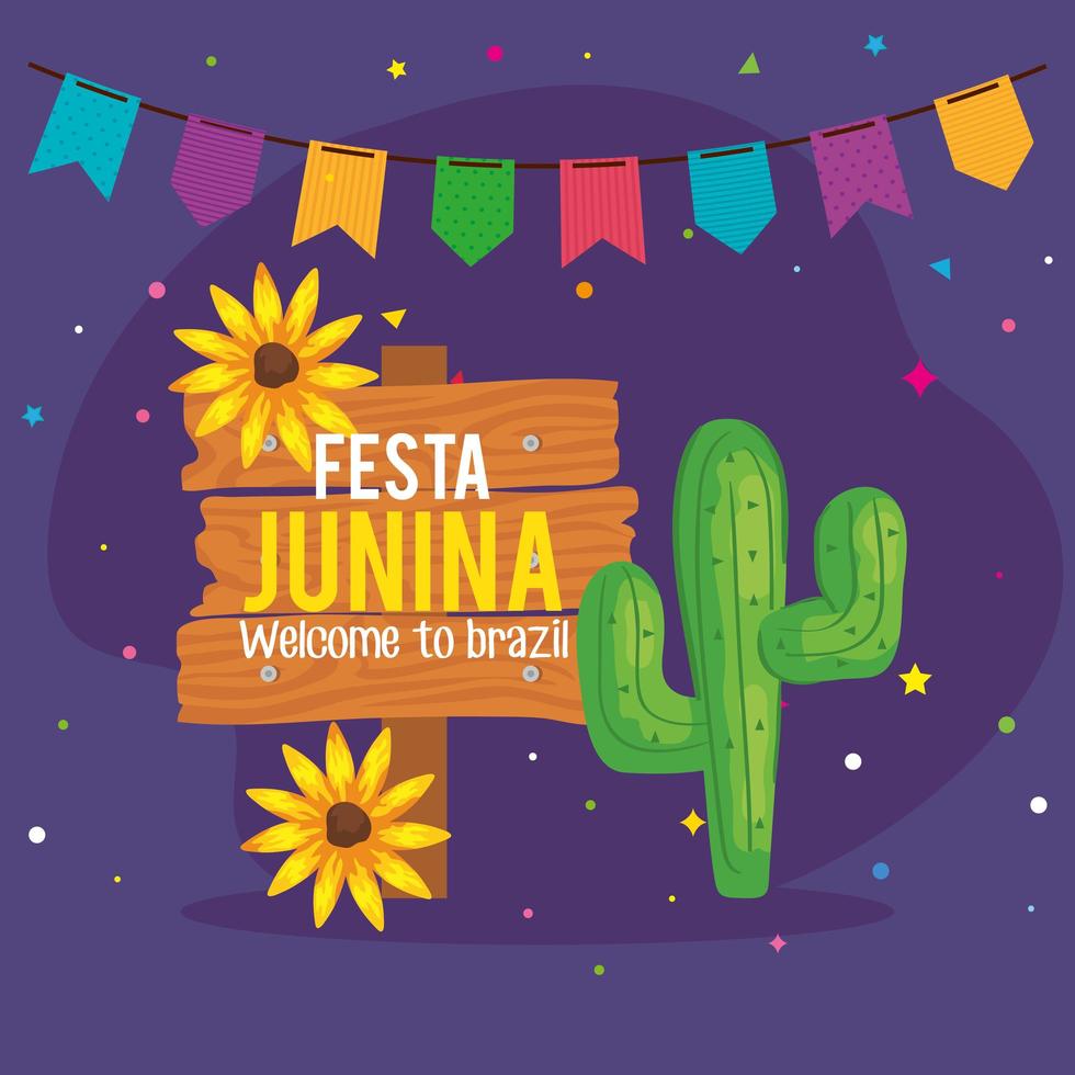 pôster festa junina com cactos e ícones tradicionais vetor