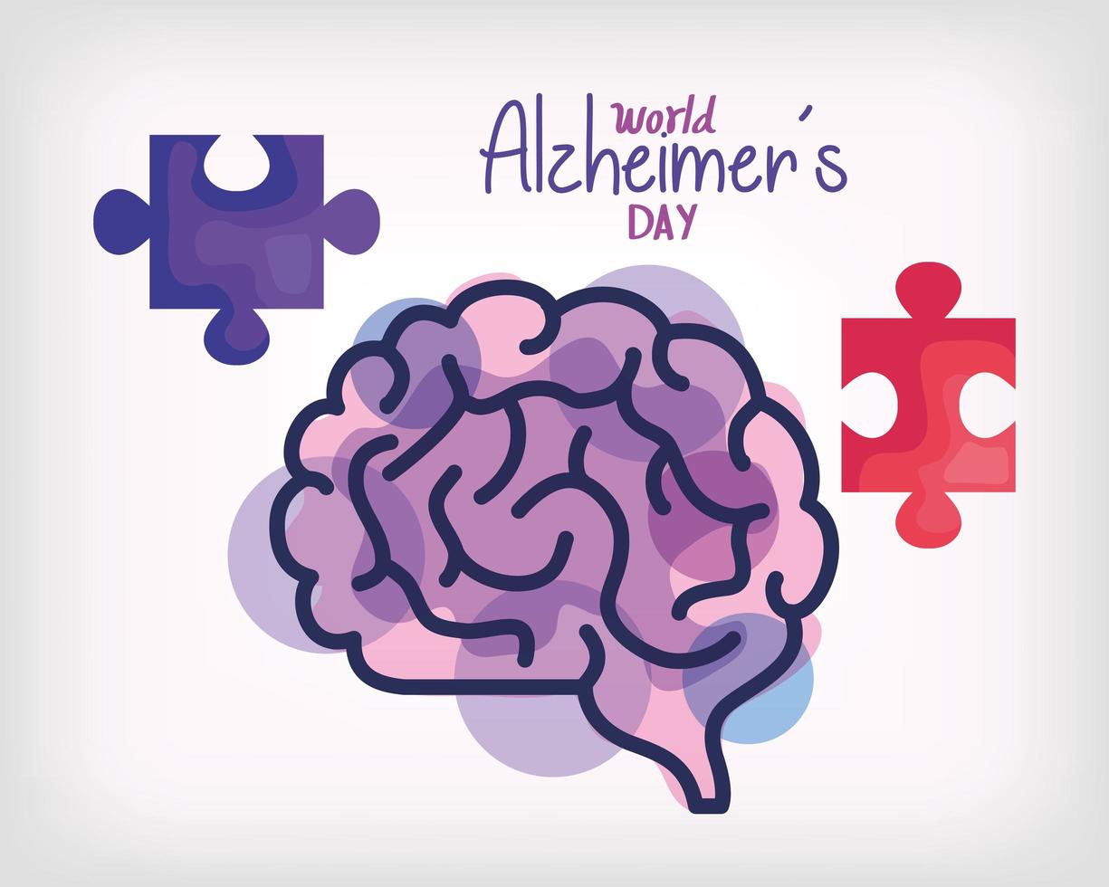 dia mundial de Alzheimer com cérebro e peça de quebra-cabeça vetor