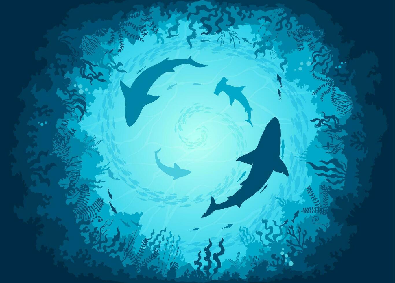 embaixo da agua mar panorama com tubarões e peixes vetor