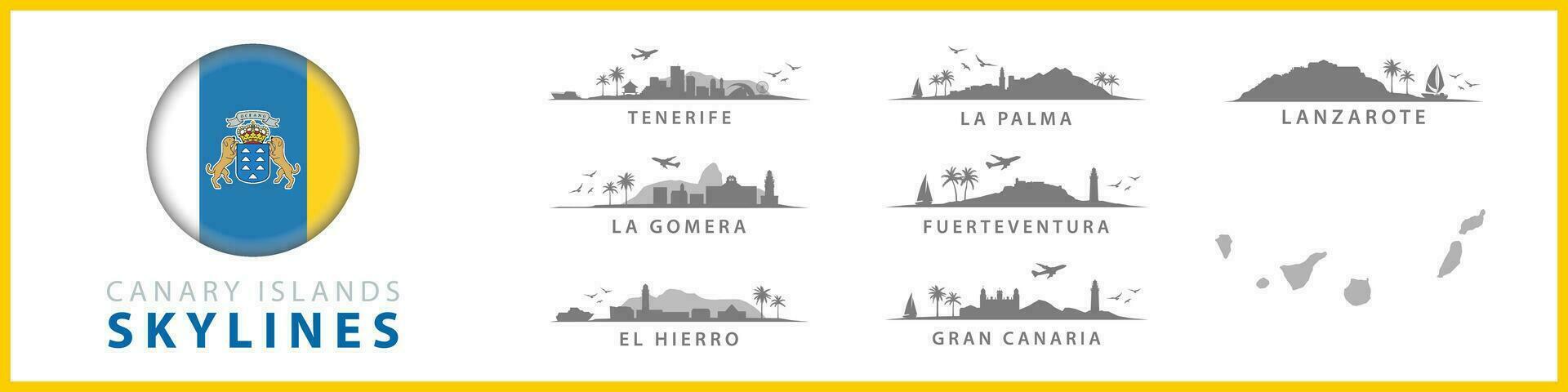 skylines das ilhas canárias, silhuetas de tenerife, la palma, gran canaria, fuerteventura, lanzarote, el hierro. destinos de viagem tropicais espanhóis. coleção de paisagens exóticas. vetor