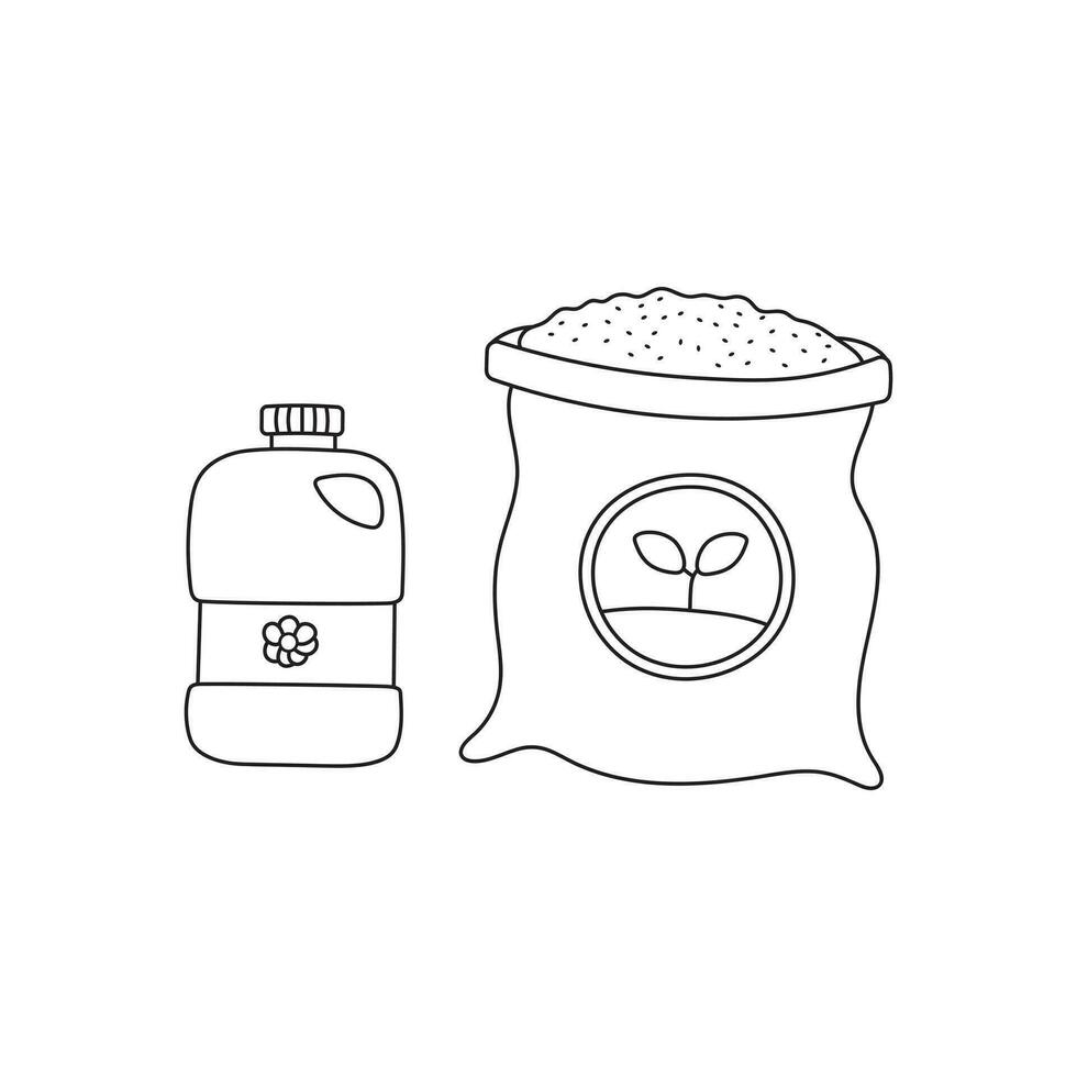 mão desenhado crianças desenhando desenho animado vetor ilustração fofa embalagem com solo para em vaso plantas envasamento solo vários fertilizantes dentro garrafas ícone isolado em branco fundo