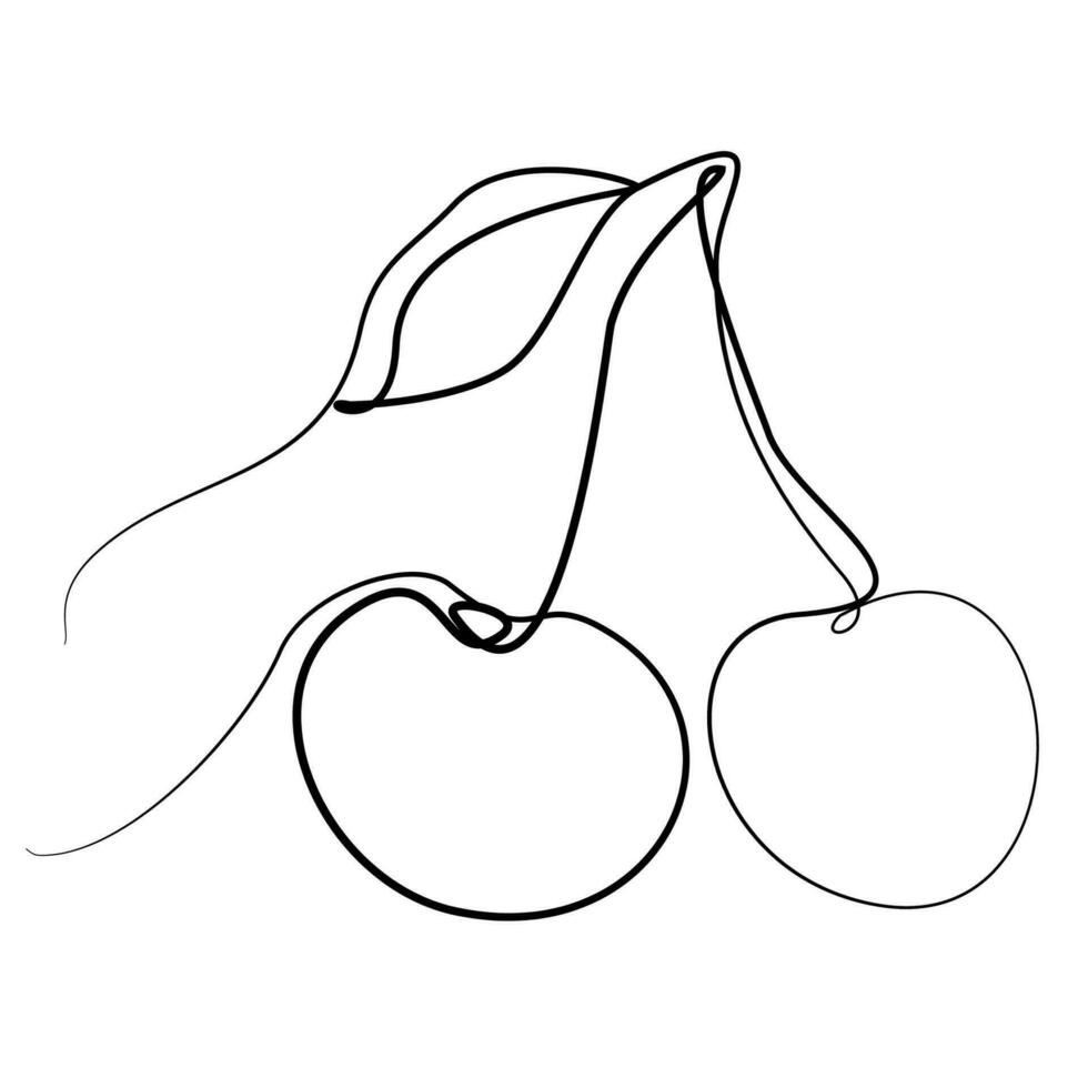 1 linha desenhando arte cereja com folha isolado em branco. contínuo linha vetor fruta ilustração. saudável e Vitamina Comida conceito. Projeto elemento para camiseta, mercearia rótulo, compras saco impressão.