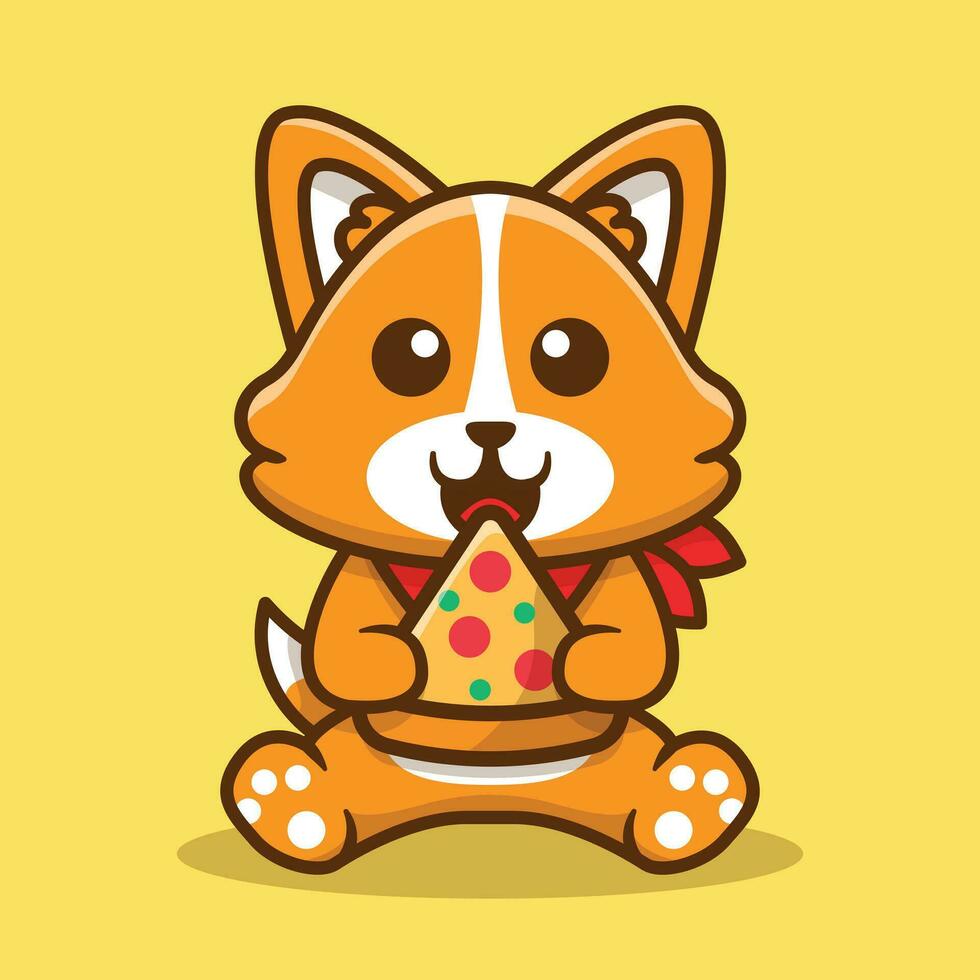 fofa corgi cachorro comendo pizza vetor desenho animado ilustração