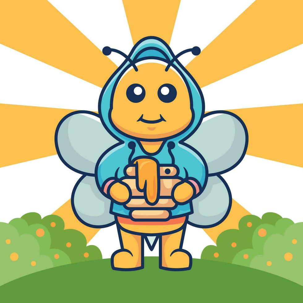 fofa abelha vestindo Jaqueta segurando querida vetor desenho animado ilustração.