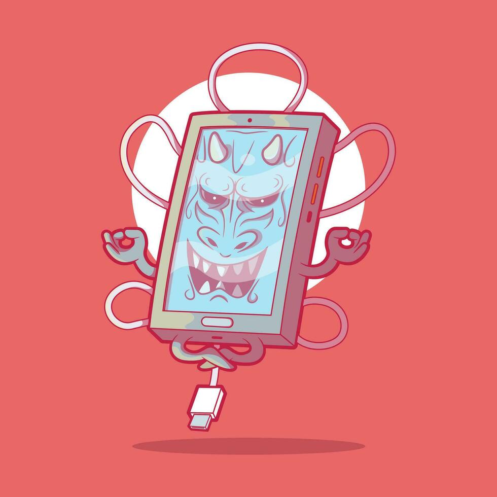 Smartphone samurai meditando vetor ilustração. tecnologia, mascote, marca Projeto conceito.