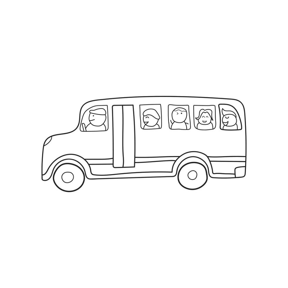 mão desenhado ilustração vetor gráfico crianças desenhando estilo engraçado fofa amarelo escola ônibus com feliz crianças dentro uma desenho animado estilo
