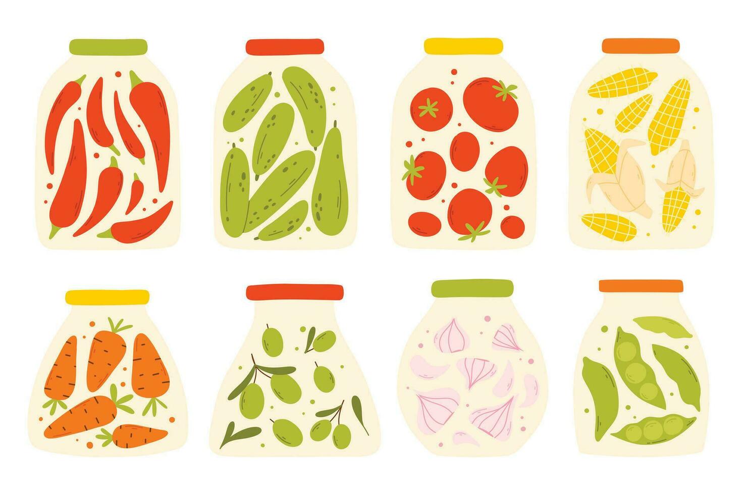 uma conjunto do caseiro enlatado legumes. vetor ilustração dentro uma plano estilo. coleção do frascos com caseiro picles.