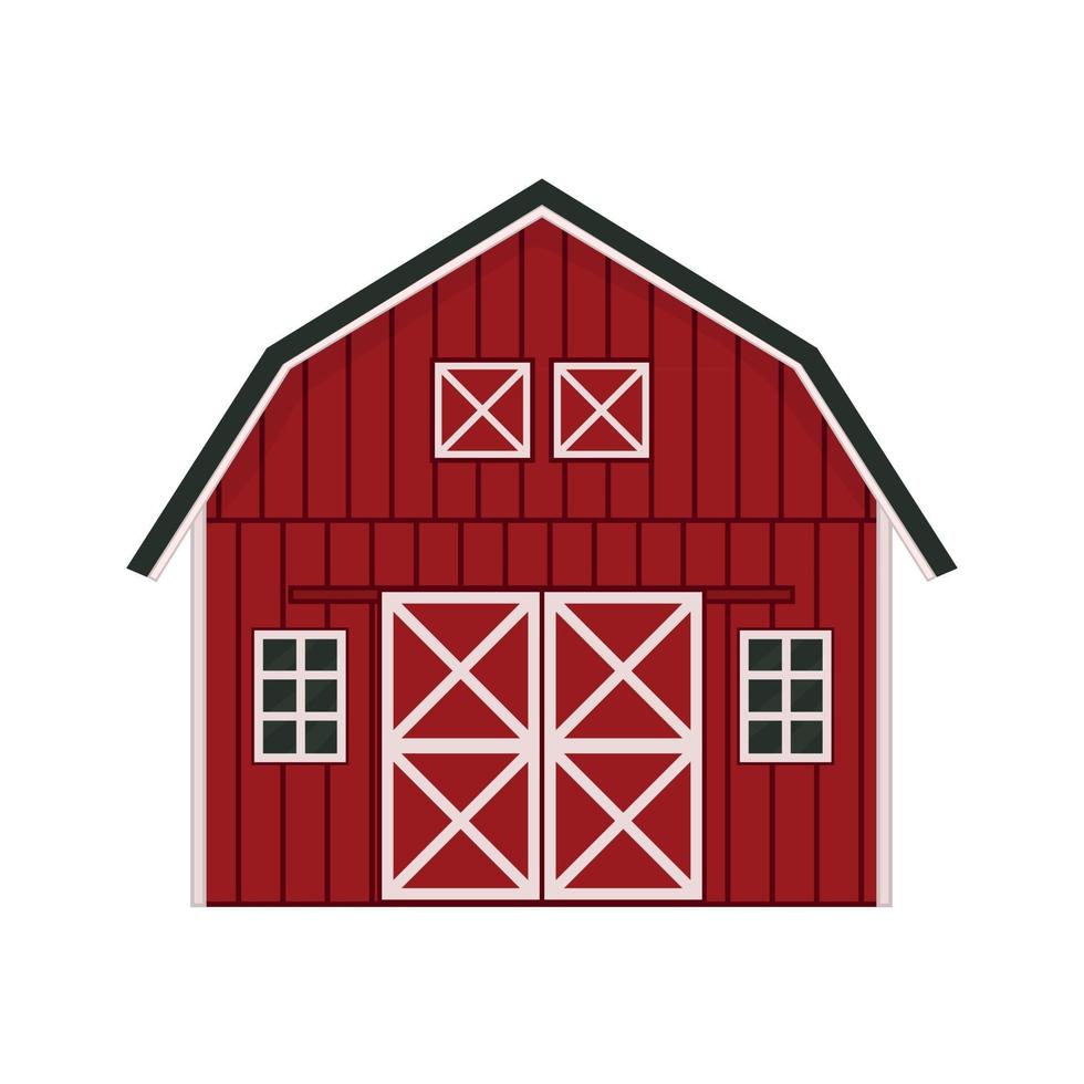 cartoon doodle celeiro de madeira vermelha casa cinza janelas de telhado e portas com quadros brancos cruzados vetor
