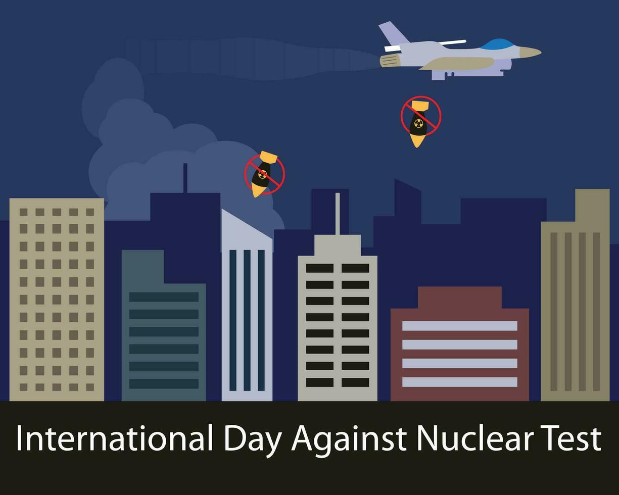 ilustração vetor gráfico do uma lutador avião desistiu uma nuclear bombear dentro a meio do a cidade, perfeito para internacional dia, internacional dia contra nuclear teste, comemoro, cumprimento cartão, etc.