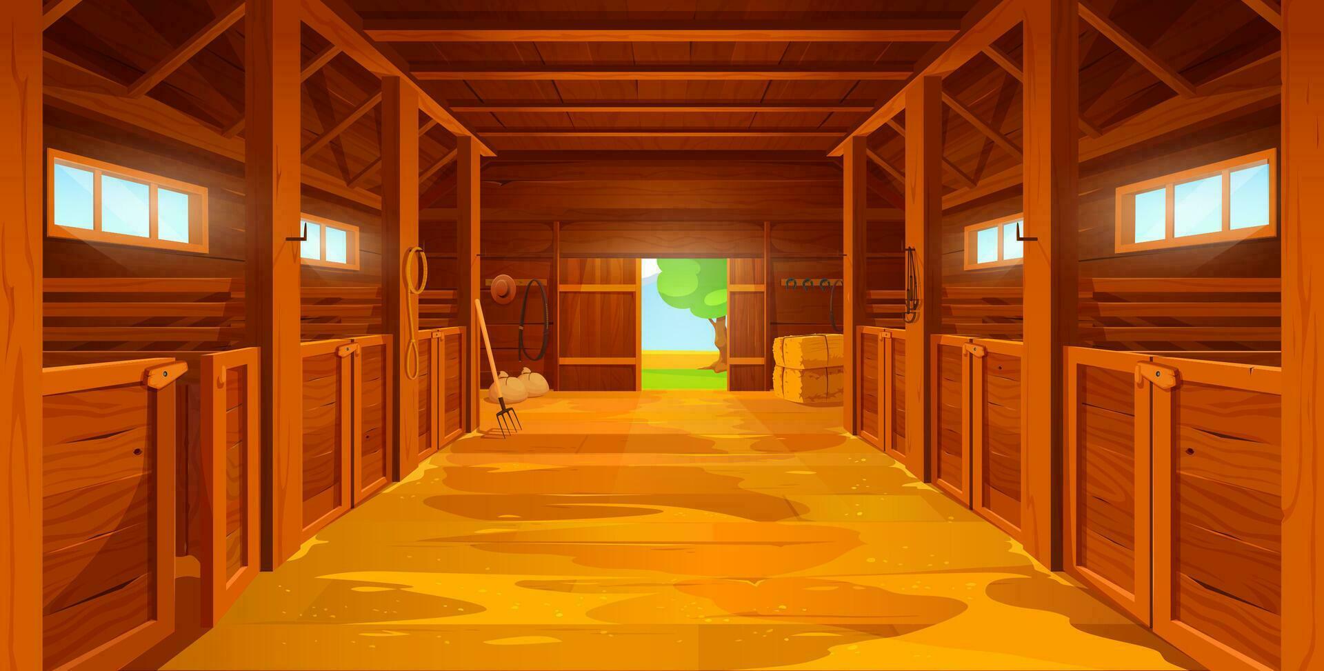 desenho animado Fazenda estábulo, celeiro interior com areia chão vetor