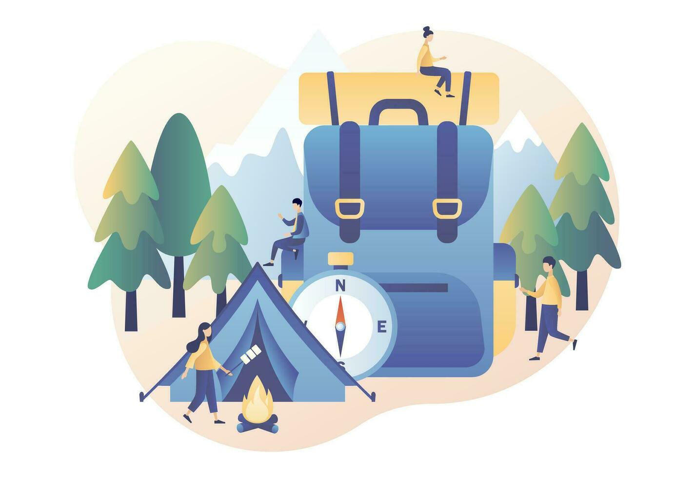 acampamento conceito. minúsculo pessoas dentro verão acampamento com grande viagem mochila, barraca, fogueira, montanhas e floresta. natureza turismo. moderno plano desenho animado estilo. vetor ilustração em branco fundo