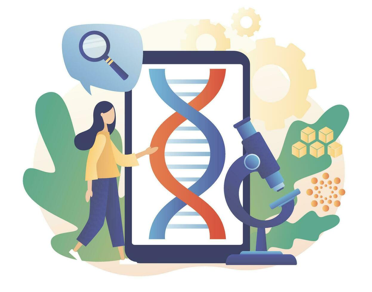 biotecnologia. inovação, Ciência, laboratório pesquisar, genético testando, químico, OGM, Bioengenharia e organismo. estude dna usar Smartphone e microscópio. moderno plano desenho animado estilo. vetor