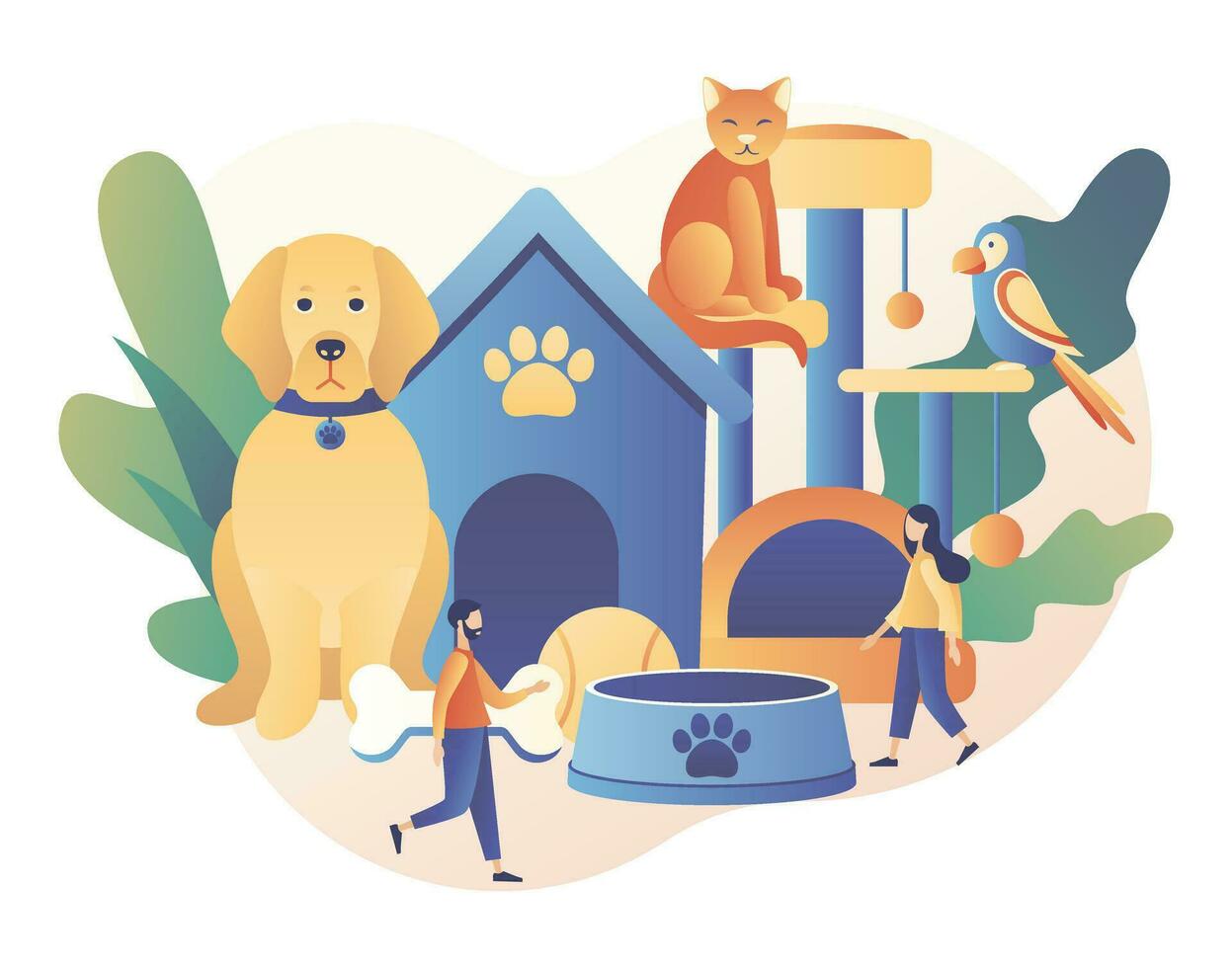 animais de estimação Cuidado Serviços. minúsculo pessoas e animal hotel, creche, veterinário serviço. animal fazer compras. moderno plano desenho animado estilo. vetor ilustração em branco fundo