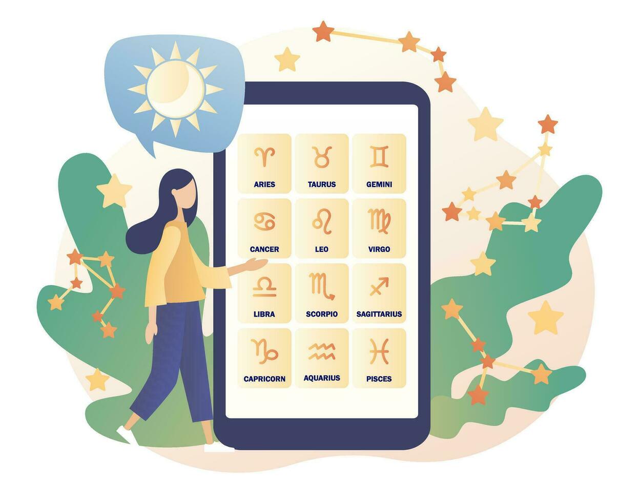 astrológico previsão dentro Smartphone aplicativo. astrologia Ciência conceito. zodíaco, celestial coordenada sistema, estrelas e constelações. minúsculo menina astrólogos. moderno plano desenho animado estilo. vetor ilustração