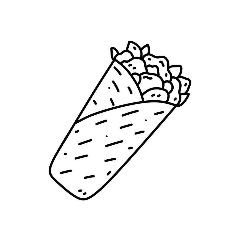 burrito isolado em branco fundo. tradicional mexicano velozes comida, rua Comida lanche. vetor desenhado à mão ilustração dentro rabisco estilo. perfeito para vários desenhos, cartões, logotipo, cardápio.