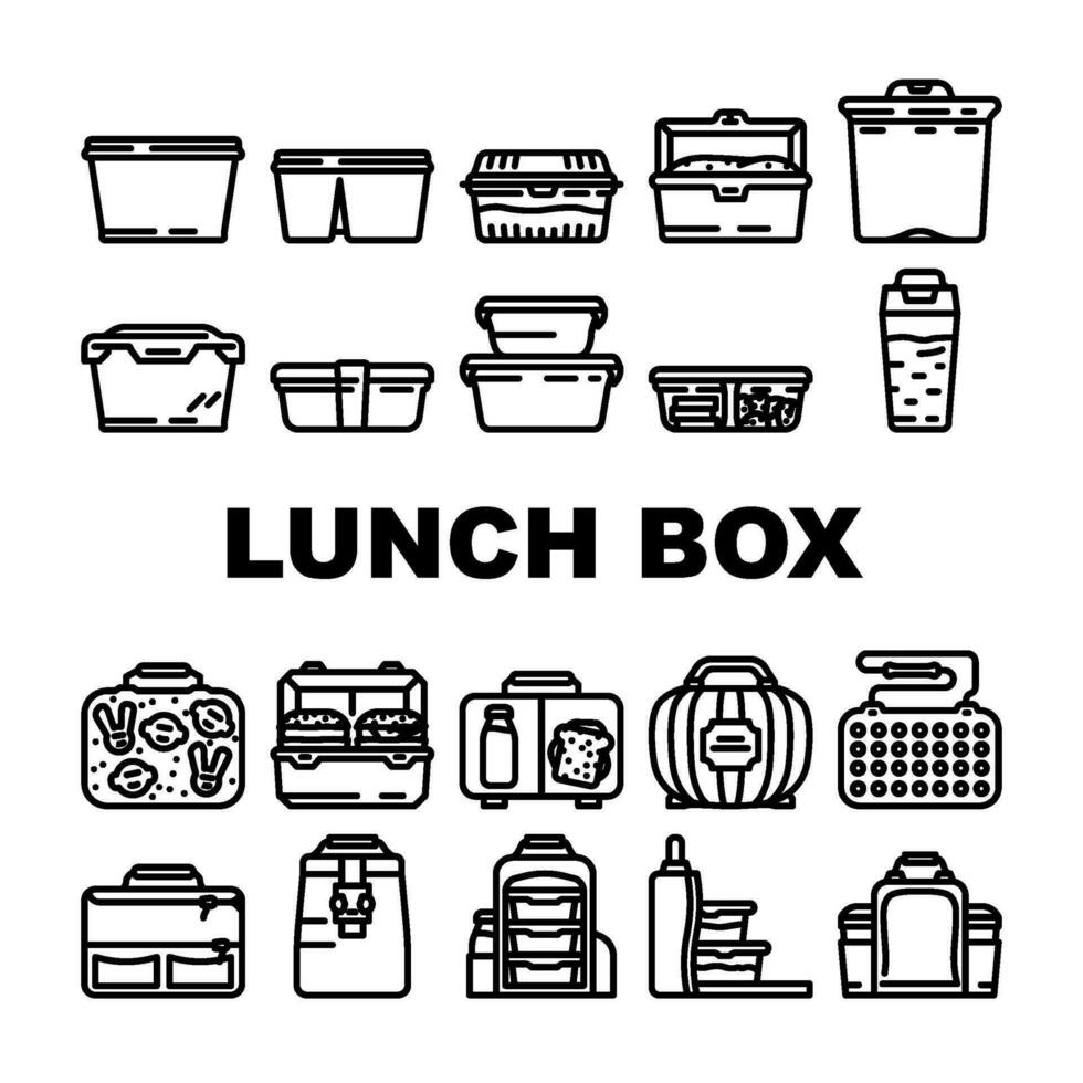 almoço escola Comida caixa lancheira ícones conjunto vetor