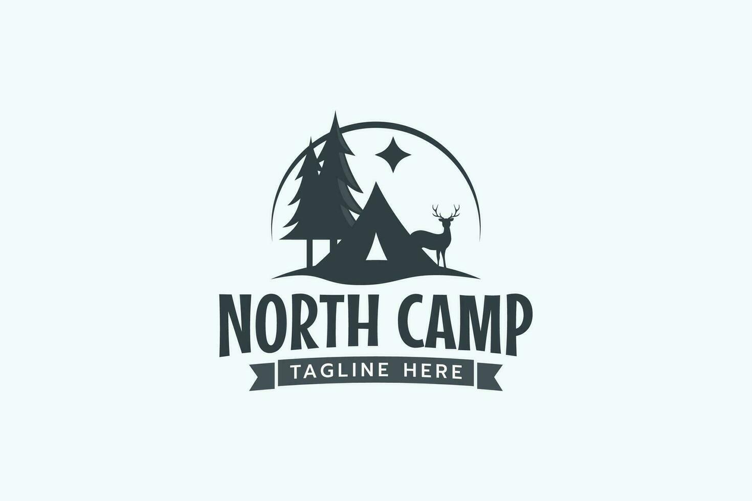 a norte acampamento logotipo com uma combinação do uma barraca, pinheiros, cervo, e a norte Estrela para qualquer negócios. vetor