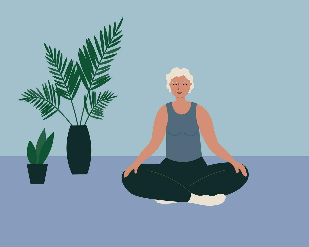a idosos personagem é fazendo ioga, meditando dentro uma quarto com planta de casa. uma calma adulto mulher senta em dentro lótus posição exercícios dentro harmonia com ela mesma, saudável estilo de vida desenho animado vetor ilustração